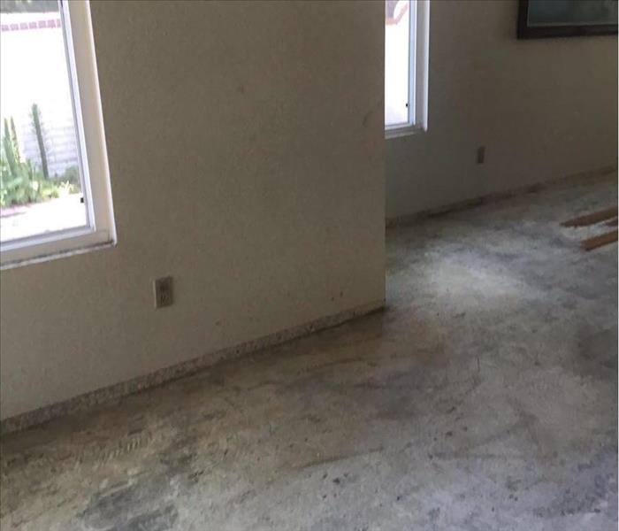 Dining room with removed flooring and baseboards exposing the concrete underneath.
